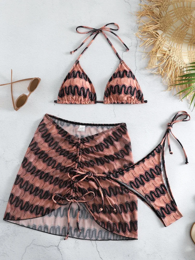 Drawstring Mesh Wrap Skirt Bikini Three piece Printed Swimsuit 8Color M - Shop at LoveMi