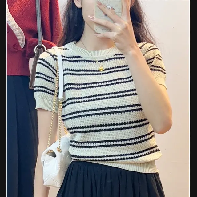 Short Sleeve Classic Style Striped Sweater Thin Design Apricot - Shop at LoveMi
