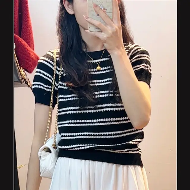 Short Sleeve Classic Style Striped Sweater Thin Design Black - Shop at LoveMi