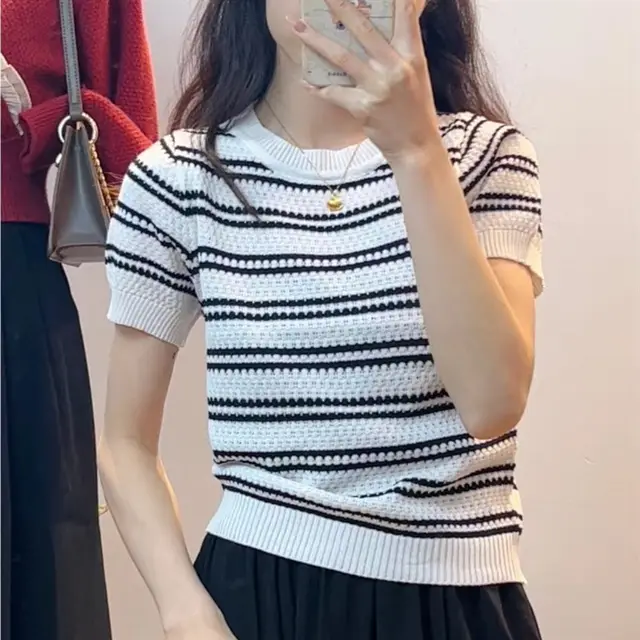 Short Sleeve Classic Style Striped Sweater Thin Design White - Shop at LoveMi