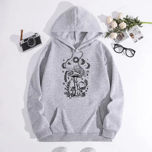 Printed Heel Wrap Collar Velvet Thickened Hooded Sweatshirt Gray - Shop at LoveMi