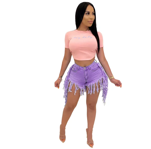 Special High Waist Worn out Fringed Retro Denim Shorts Purple - Shop at LoveMi