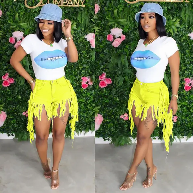 Special High Waist Worn out Fringed Retro Denim Shorts Yellow - Shop at LoveMi
