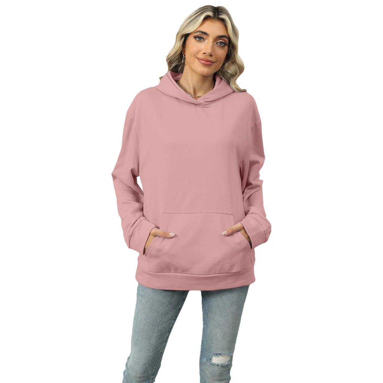 Casual Hooded Pocket Sweatshirt Women - Pink