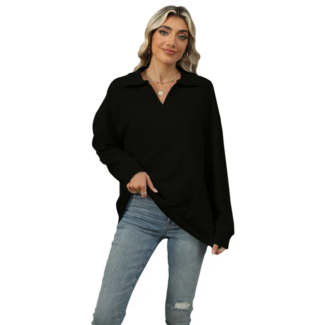 Solid Color Polo Collar Loose Long Sleeve Sweatershirt Coat Black - Shop at LoveMi