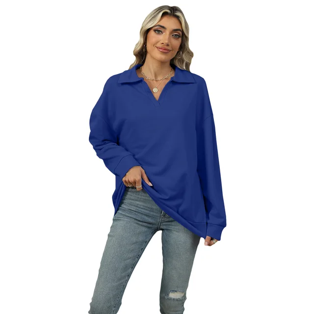 Solid Color Polo Collar Loose Long Sleeve Sweatershirt Coat Sapphire Blue - Shop at LoveMi