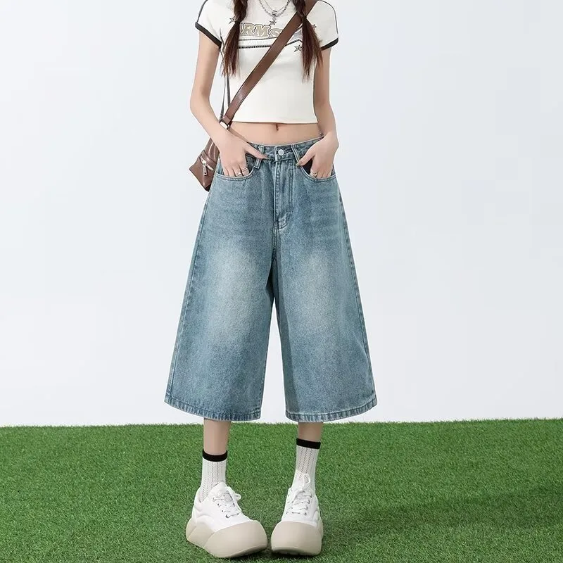 Women's American style Wide leg Cropped Jeans Summer Light Blue - Shop at LoveMi