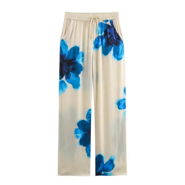 Women's Drape Ink Printing Shirt Straight leg Pants Suit Blue - Shop at LoveMi