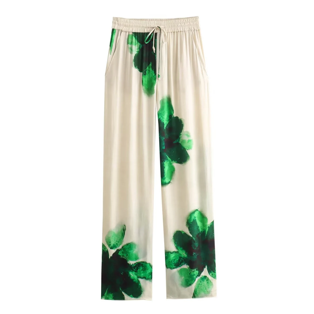 Women's Drape Ink Printing Shirt Straight-leg Pants Suit - Green