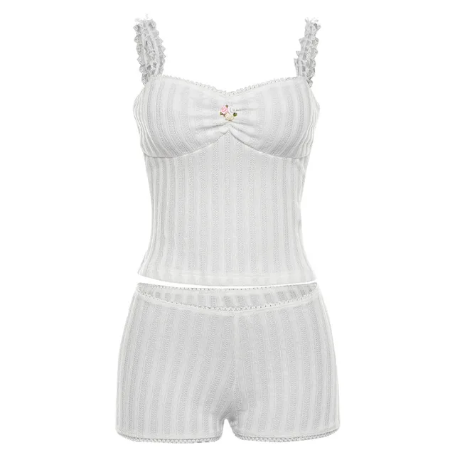 Women's Clothing Lace Sling Vest Shorts Set White - Shop at LoveMi