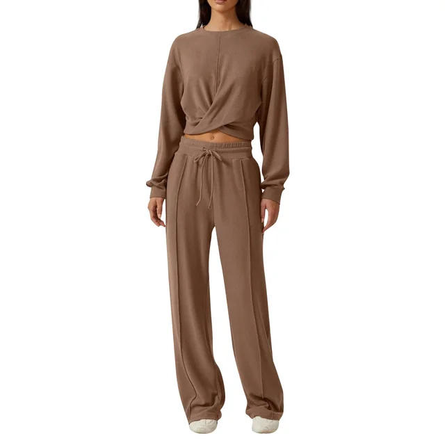 Sportswear Front Fold Sweatshirt Wide Leg Lace Up Pants Camel - Shop at LoveMi