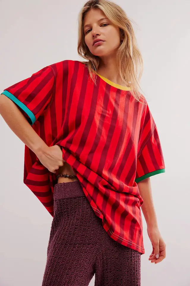 Women's Top Striped Contrast Color Casual Loose Short Sleeves T shirt Red - Shop at LoveMi