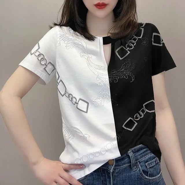 Color Matching Polo Collar Printed Rhinestones Short Sleeve Women's Top Black And White Round Neck - Shop at LoveMi