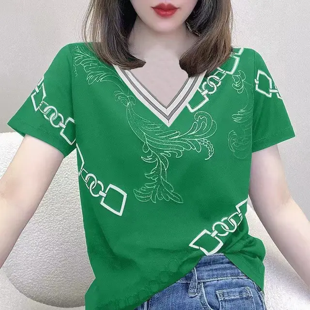 Color Matching Polo Collar Printed Rhinestones Short Sleeve Women's Top Green V Neck - Shop at LoveMi