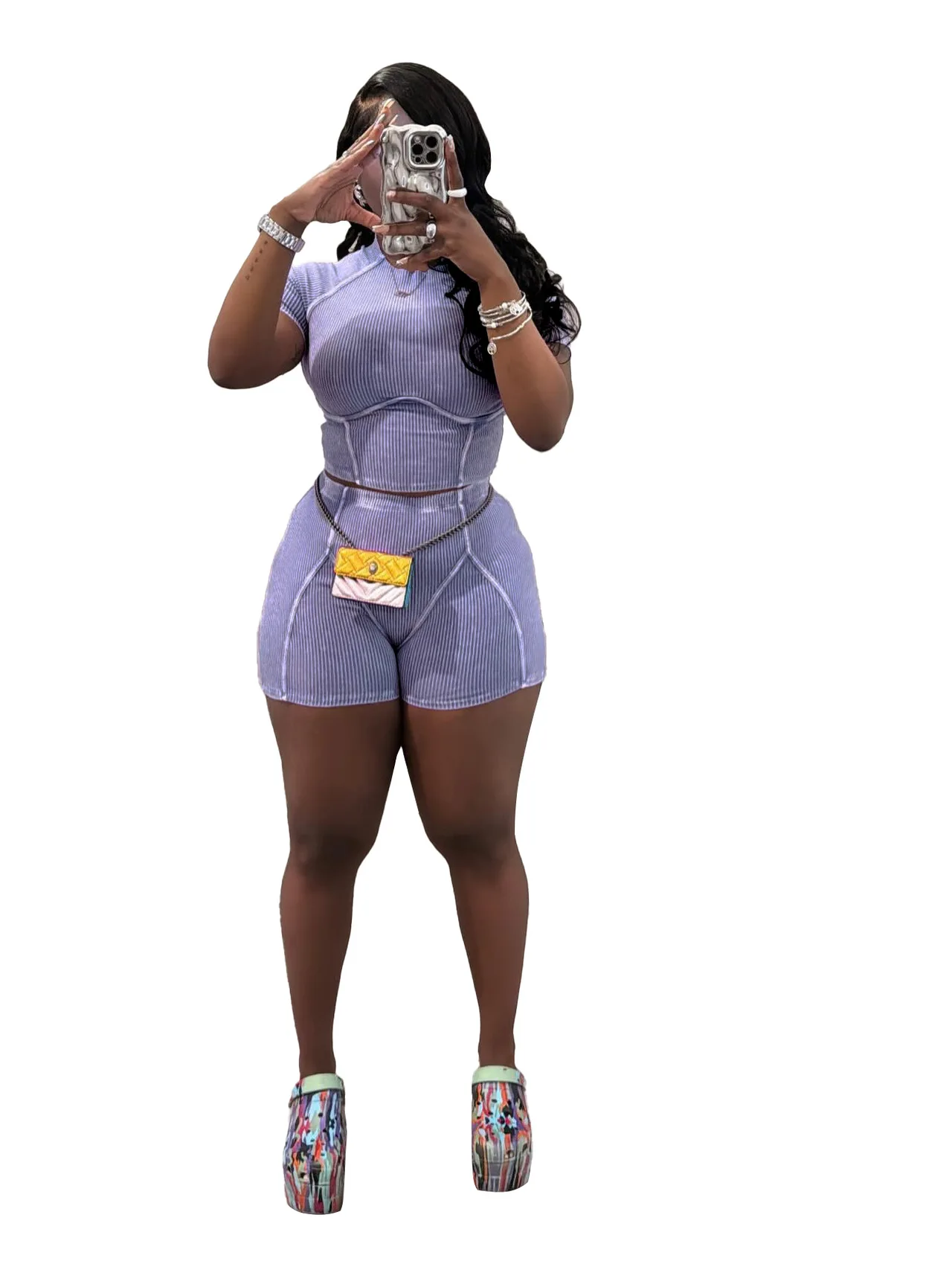 Thread Washed Faded Distressed Two-piece Shorts Suit - Purple