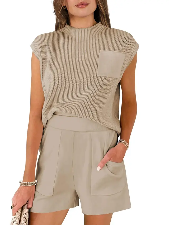 Summer New Knitted Pullover For Women Casual Suit Beige - Shop at LoveMi