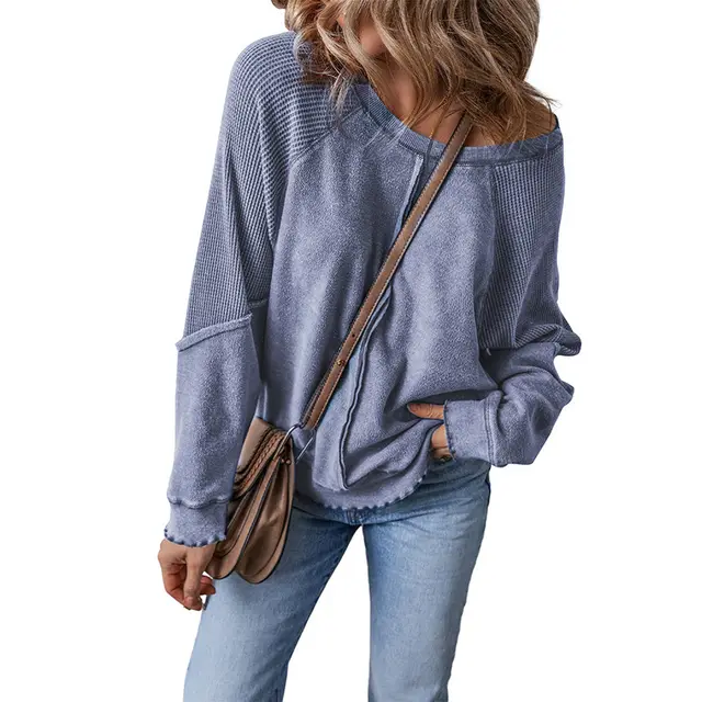 Women's Simple All match Off shoulder Casual Loose Round Neck Sweater Lc25317294 Dark Blue - Shop at LoveMi