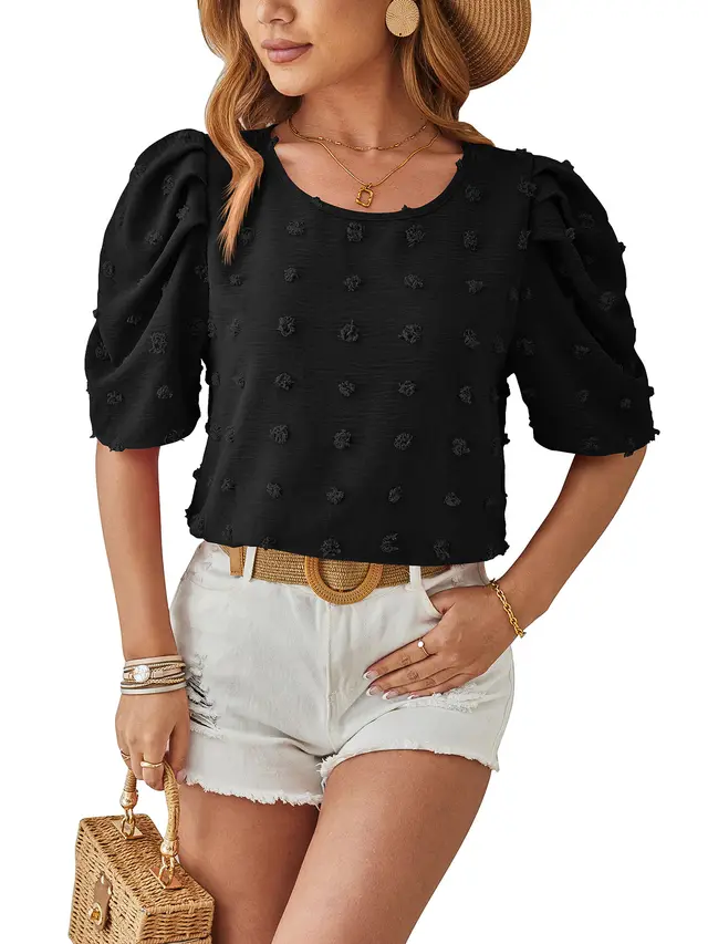 Spring And Summer New Jacquard Fur Ball Short Sleeve Square Collar Top Black - Shop at LoveMi