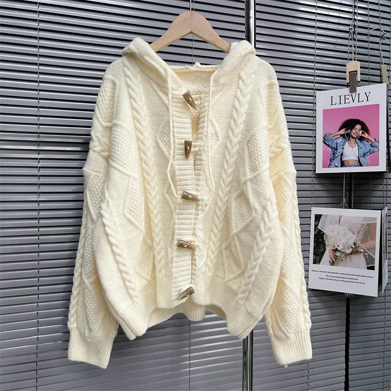 Gentle Soft Glutinous Sweater Coat College Style Horn Button Japanese Lazy Knitted Cardigan Beige - Shop at LoveMi