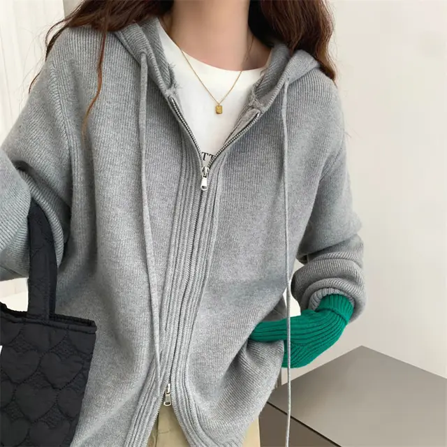 Hooded Sweater Knitted Cardigan Slimming Coat Gray - Shop at LoveMi