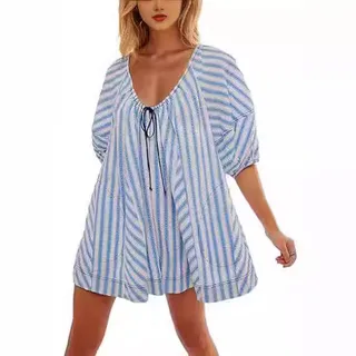 Short Sleeve Striped Shirt Loose Deep V Jumpsuit - Blue