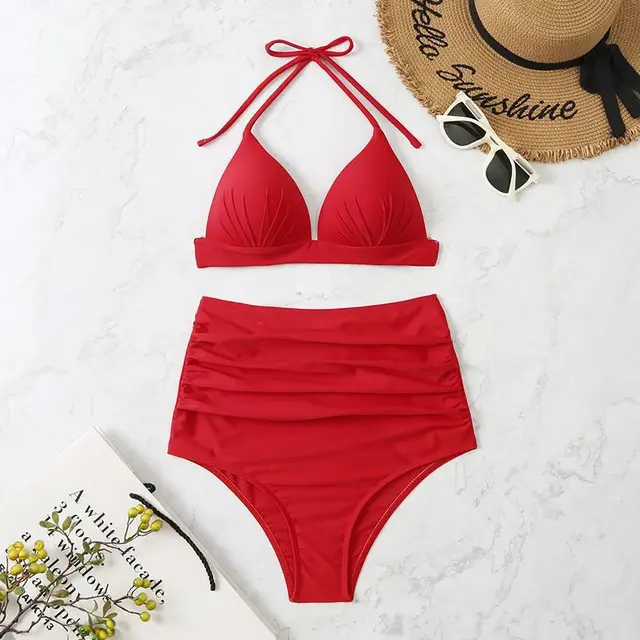 High Waist Triangle Tether Halter Bikini Split Swimwear Red - Shop at LoveMi