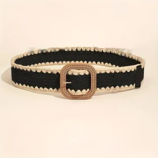 European And American Wooden Buckle Elastic Pp Grass Belt - Black