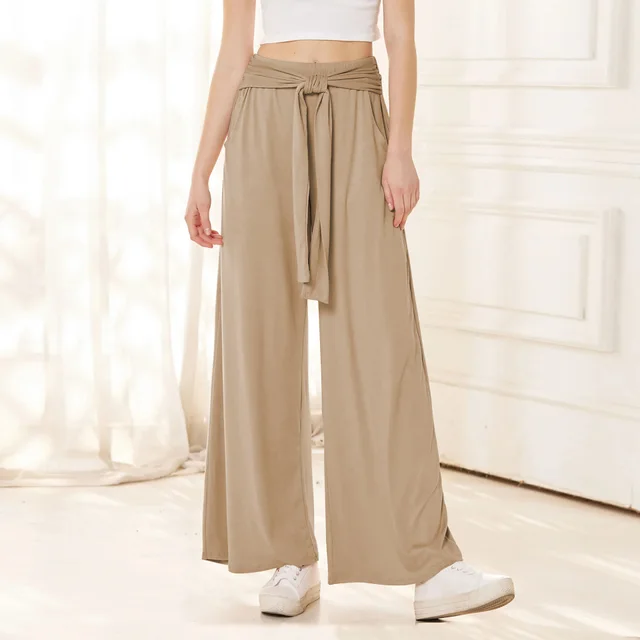 Women's Solid Color Draping Lace up Wide leg Pants Khaki - Shop at LoveMi