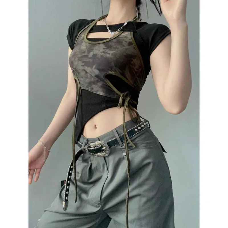 Retro Printed Top Summer Design Sense Niche Chic Short Sleeve Strappy - Shop at LoveMi