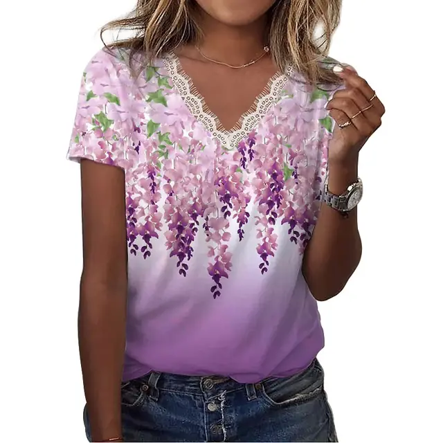 Women's Casual Loose Printed V neck Ruffled Short Sleeves T shirt Printing A Purplish Red - Shop at LoveMi