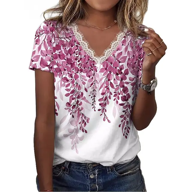 Women's Casual Loose Printed V neck Ruffled Short Sleeves T shirt Printing B Rose Red - Shop at LoveMi