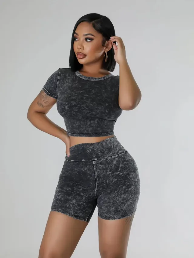 Women's Sunken Stripe Short sleeved Shorts Wash High Waist Two piece Suit Black - Shop at LoveMi