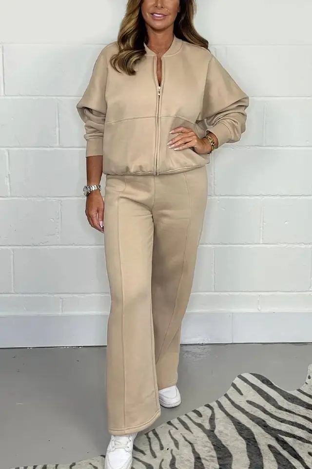 Fashion Long Sleeve Sweater Zipper Suit Women's Clothing Khaki - Shop at LoveMi