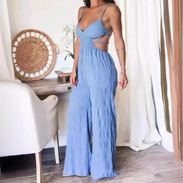 Backless Sling Texture Women's Sleeveless Jumpsuit Blue - Shop at LoveMi