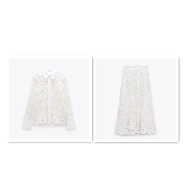 Dignified Hollow Embroidered Lapel Shirt Skirt Suit Set - Shop at LoveMi