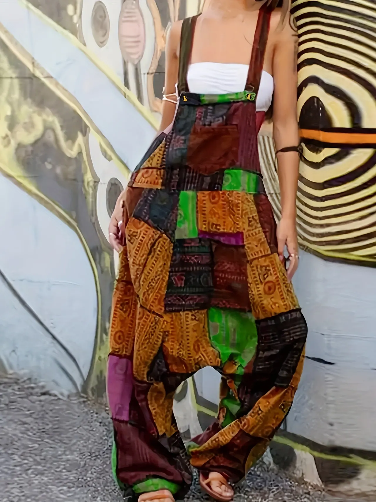 Boho Patchwork Print Overalls