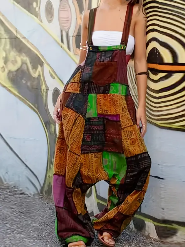 Boho Patchwork Print Overalls Orange - Shop at LoveMi