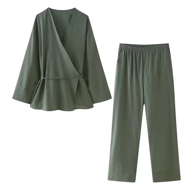 Spring New Double Breasted Kimono Coat Straight Pants Suit Dark Green Suit - Shop at LoveMi