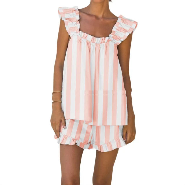 Loose Ruffled Sleeveless Women's Suit Pink Stripes - Shop at LoveMi