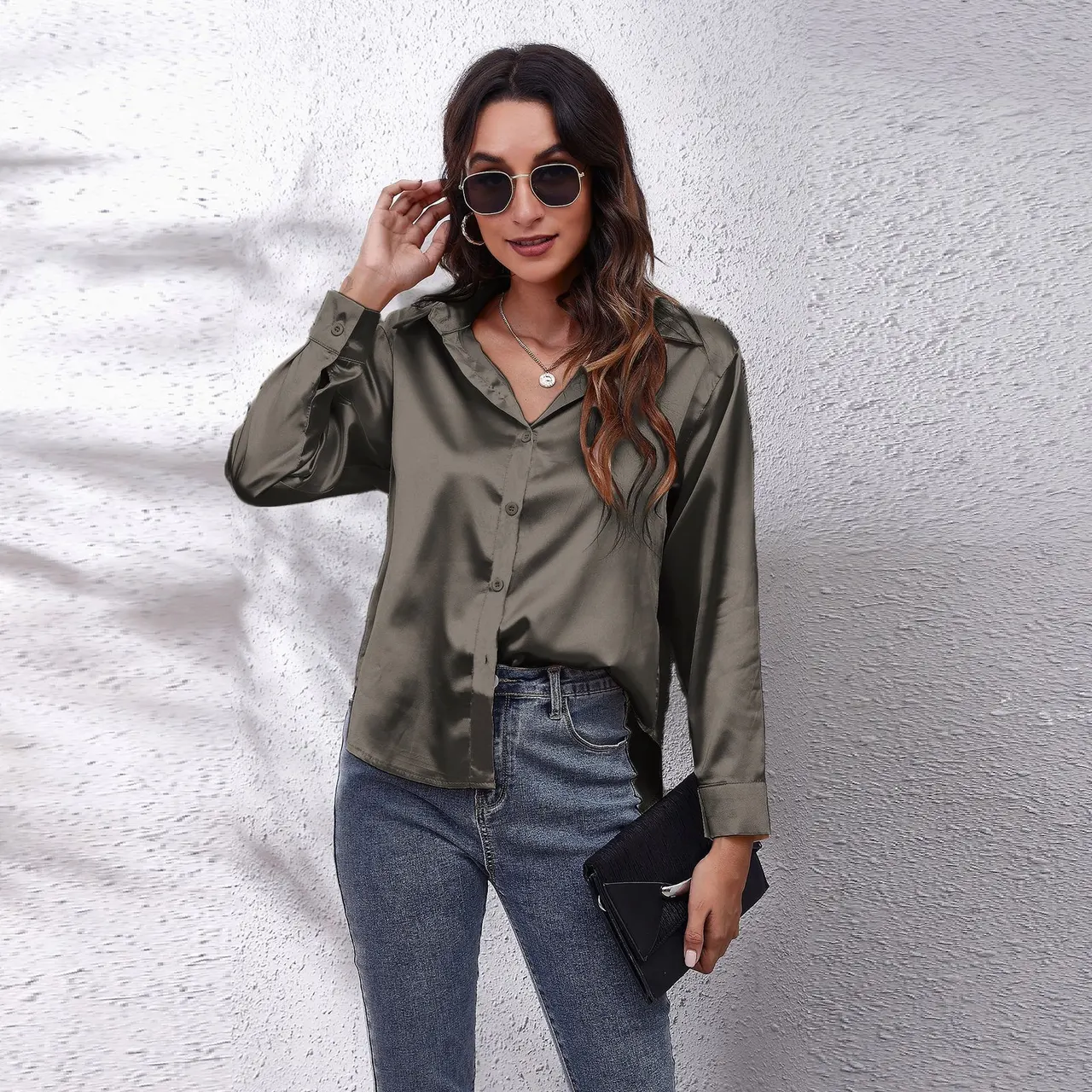 Women's Solid Color Satin Satin Long Sleeve Blouse - Dark Grey