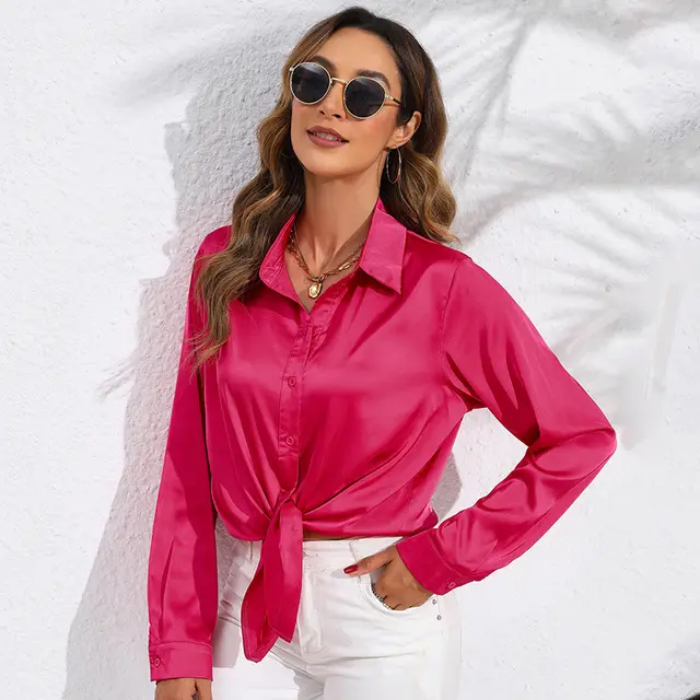 Women's Solid Color Satin Satin Long Sleeve Blouse Rose Red - Shop at LoveMi