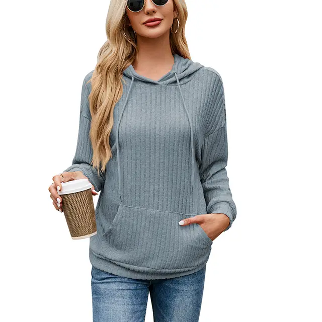 Women's Knitwear Hooded Sunken Stripe Kangaroo Pocket Sweatshirt Blue - Shop at LoveMi