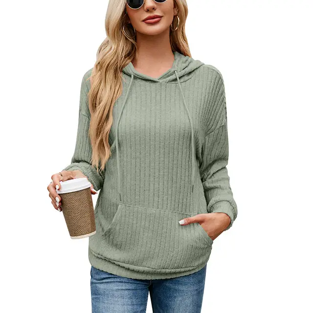 Women's Knitwear Hooded Sunken Stripe Kangaroo Pocket Sweatshirt Green - Shop at LoveMi