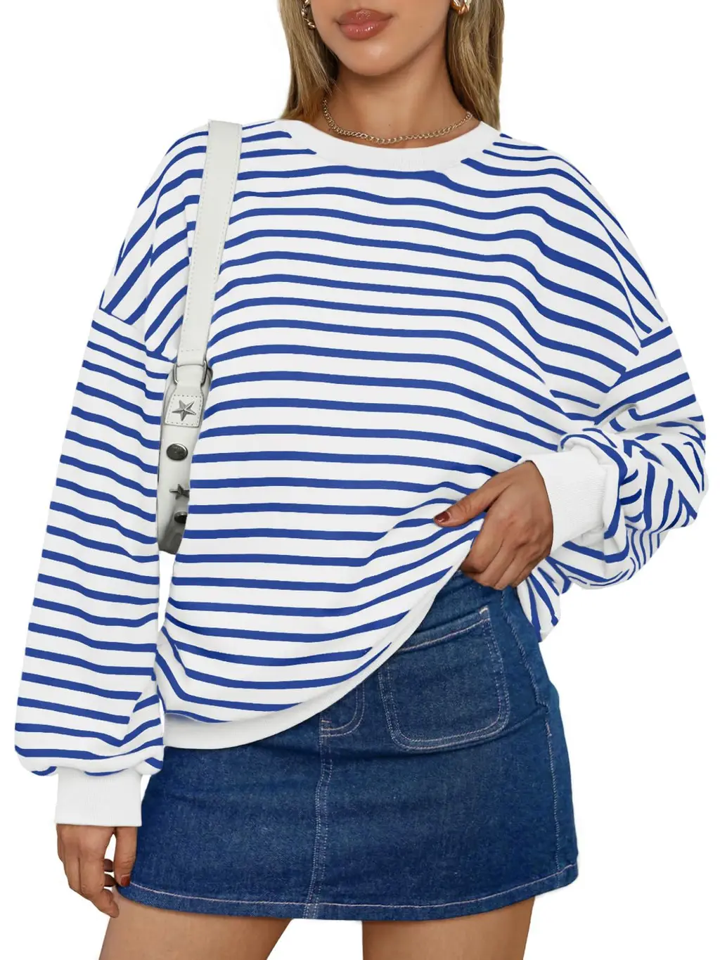 Women's Colorful Striped Round Neck Loose Sweatshirt - Blue