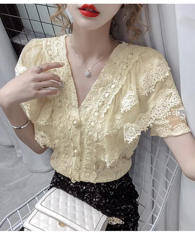 French Style Elegant V neck Single breasted Lace Shirt Western Style Apricot - Shop at LoveMi