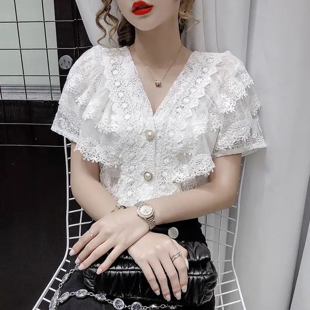 French Style Elegant V neck Single breasted Lace Shirt Western Style White - Shop at LoveMi