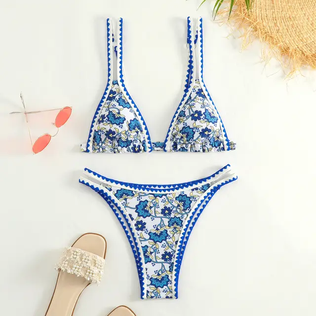 Women's Fashion Printed Split Bikini Swimsuit Blue Yellow Flowers - Shop at LoveMi