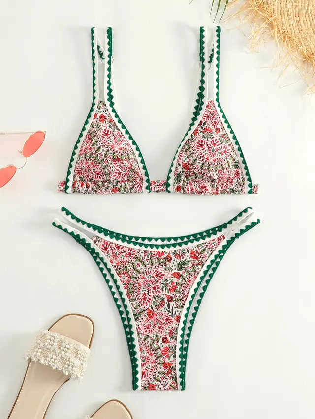 Women's Fashion Printed Split Bikini Swimsuit Red And Green Pattern - Shop at LoveMi