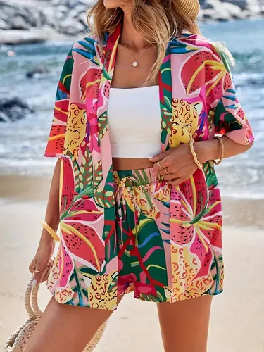 Holiday Floral Print Elegant Two piece Shirt Short Sleeve Top Drawstring High Waist Shorts Color10 - Shop at LoveMi