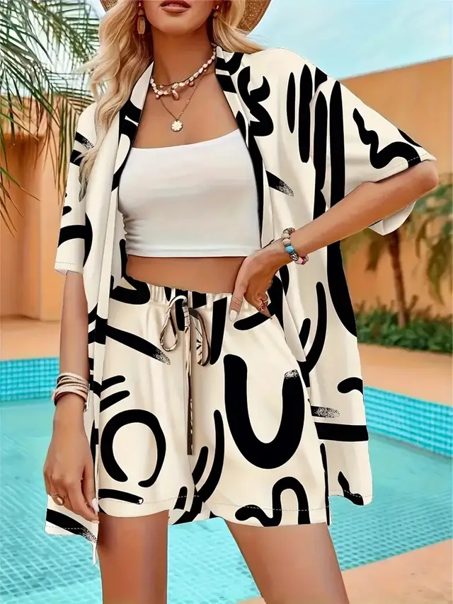Holiday Floral Print Elegant Two piece Shirt Short Sleeve Top Drawstring High Waist Shorts Floral6 - Shop at LoveMi